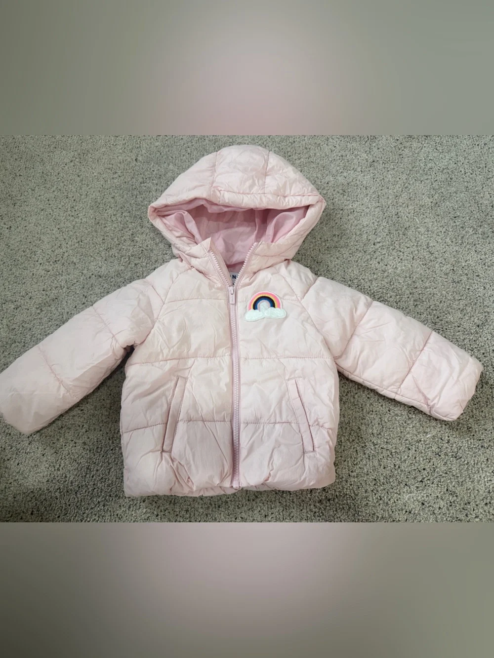 Old Navy Pink Hooded Puffer Jacket with Rainbow Patch NWOT